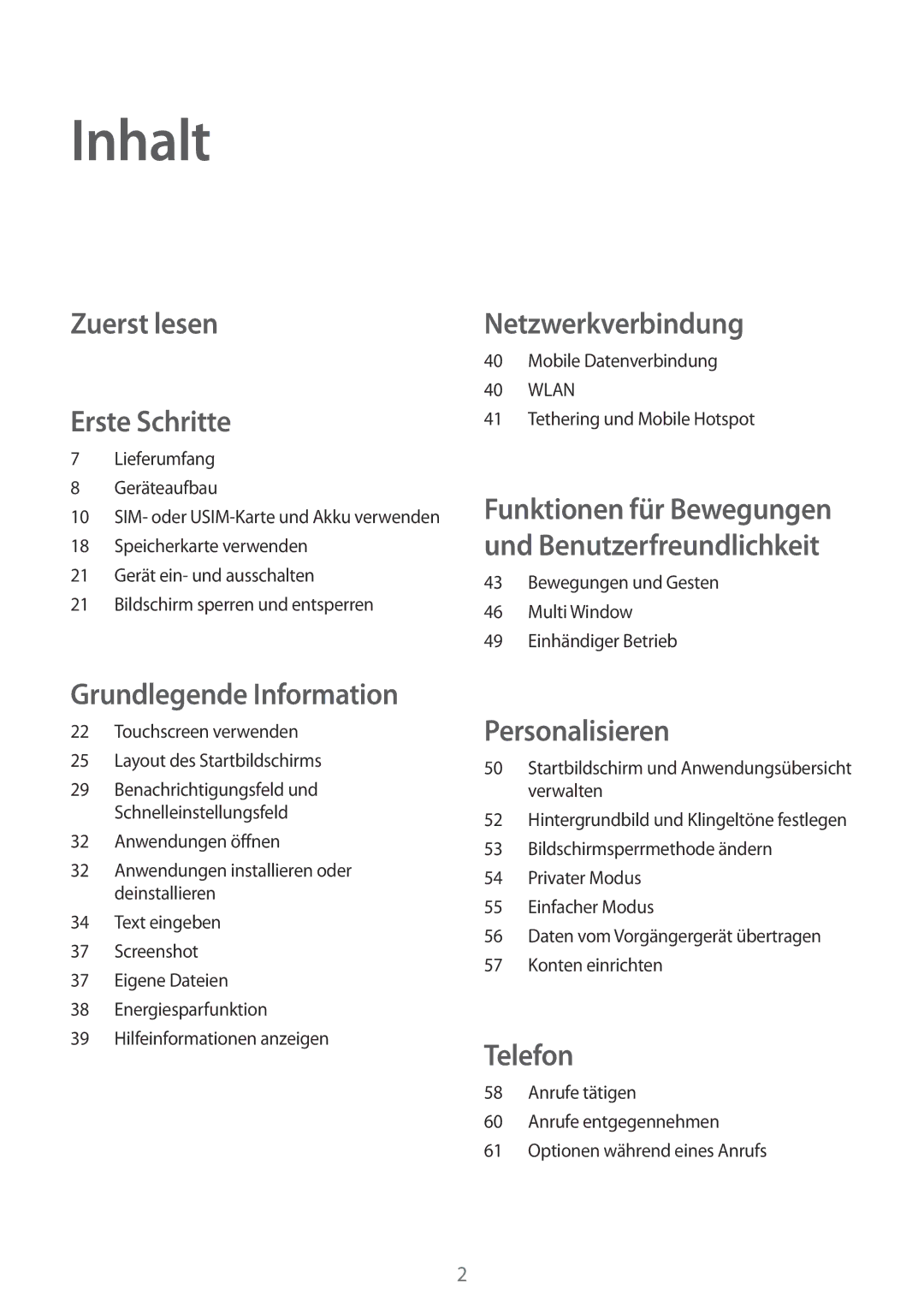 Samsung SM-A500FZWUATO, SM-A500FZWUPRT, SM-A500FZWUDDE, SM-A500FZKUDPL, SM-A500FZKUCYO Inhalt, Zuerst lesen Erste Schritte 