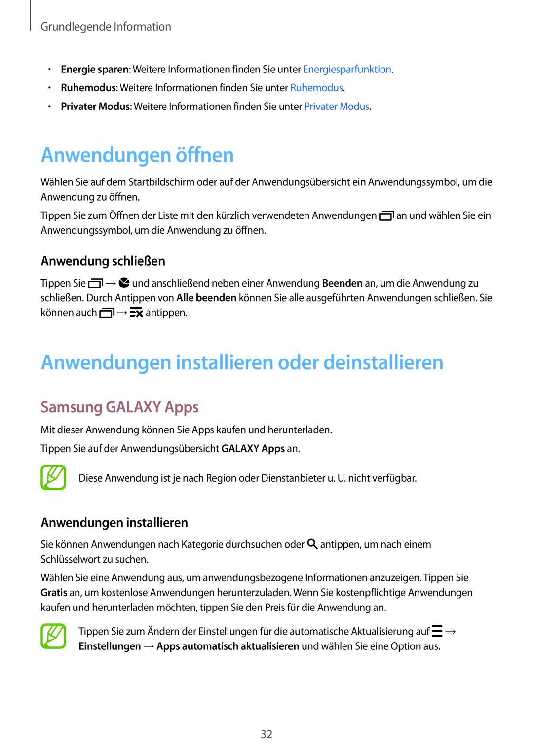 Samsung SM-A500FZDUATO manual Anwendungen öffnen, Anwendungen installieren oder deinstallieren, Samsung Galaxy Apps 