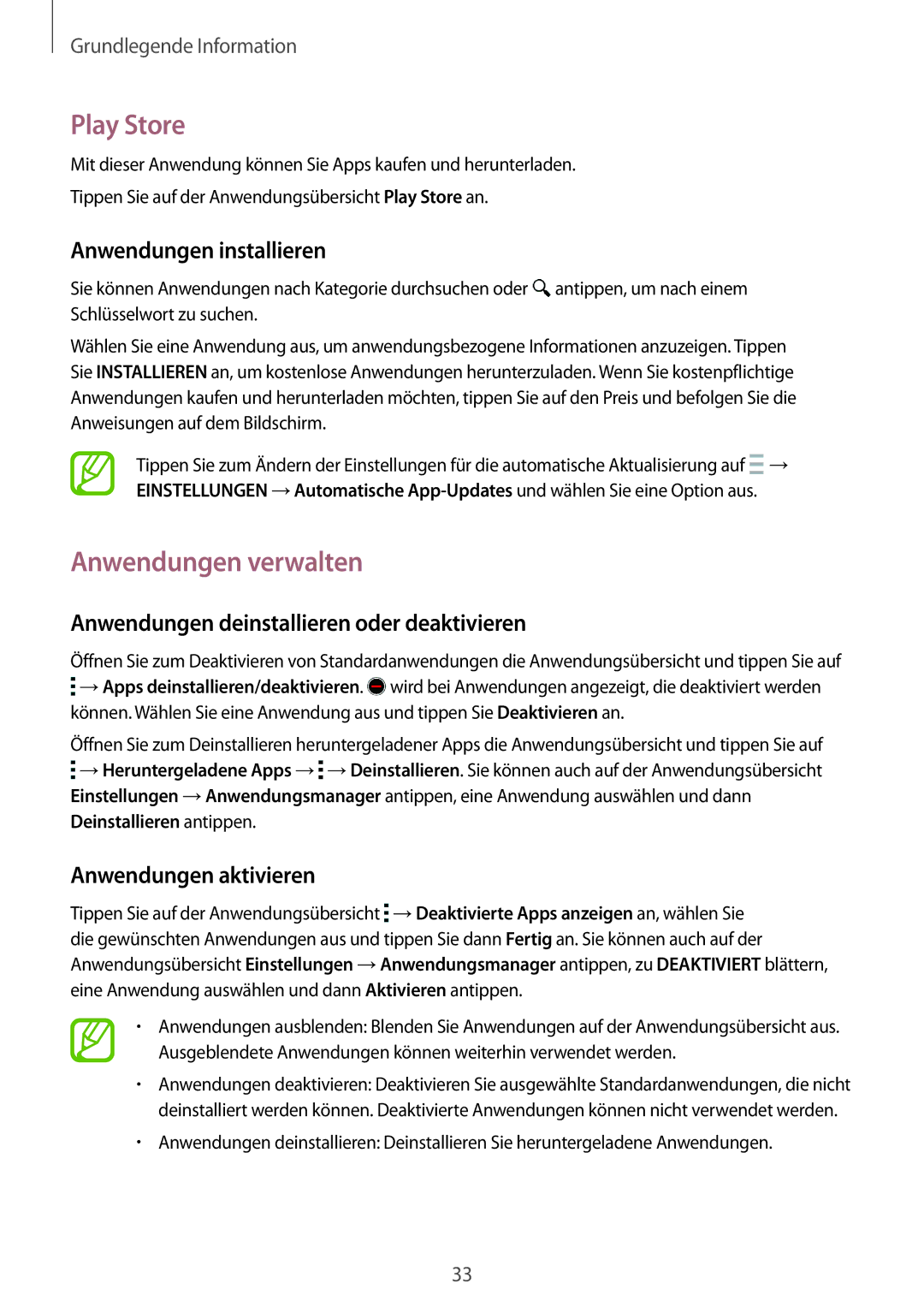 Samsung SM-A500FZDUCYO, SM-A500FZWUPRT Play Store, Anwendungen verwalten, Anwendungen deinstallieren oder deaktivieren 