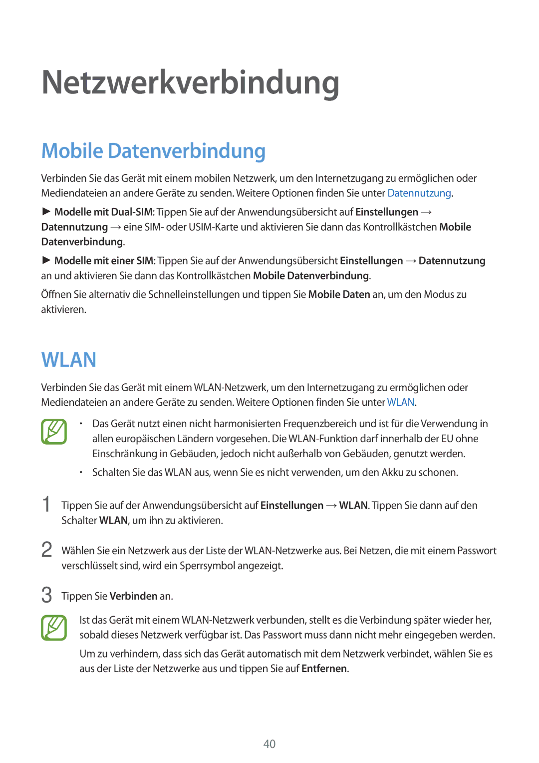 Samsung SM-A500FZDUDBT, SM-A500FZWUPRT, SM-A500FZWUDDE, SM-A500FZWUATO manual Netzwerkverbindung, Mobile Datenverbindung 