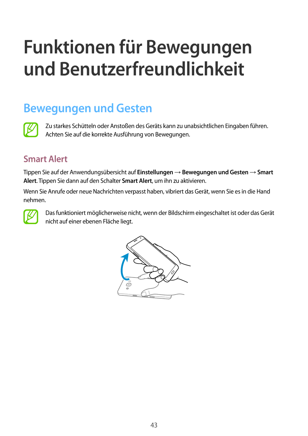Samsung SM-A500FZWUVD2, SM-A500FZWUPRT, SM-A500FZWUDDE, SM-A500FZWUATO, SM-A500FZKUDPL Bewegungen und Gesten, Smart Alert 