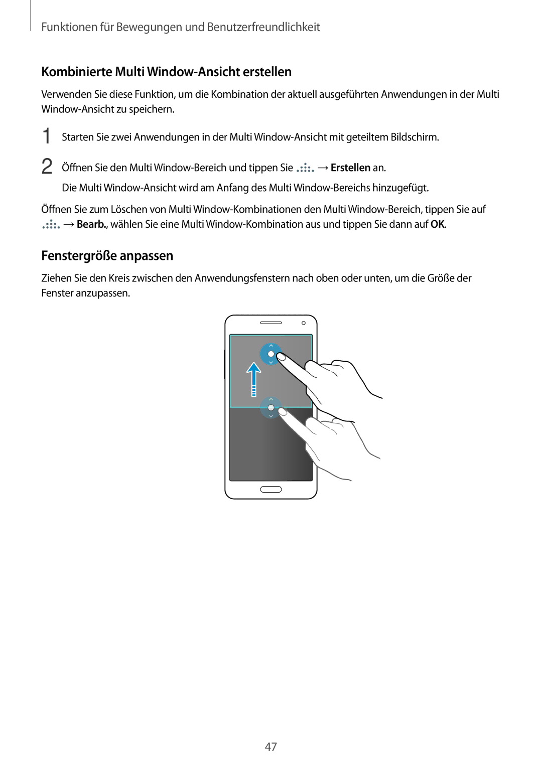 Samsung SM-A500FZKUEUR, SM-A500FZWUPRT, SM-A500FZWUDDE Kombinierte Multi Window-Ansicht erstellen, Fenstergröße anpassen 