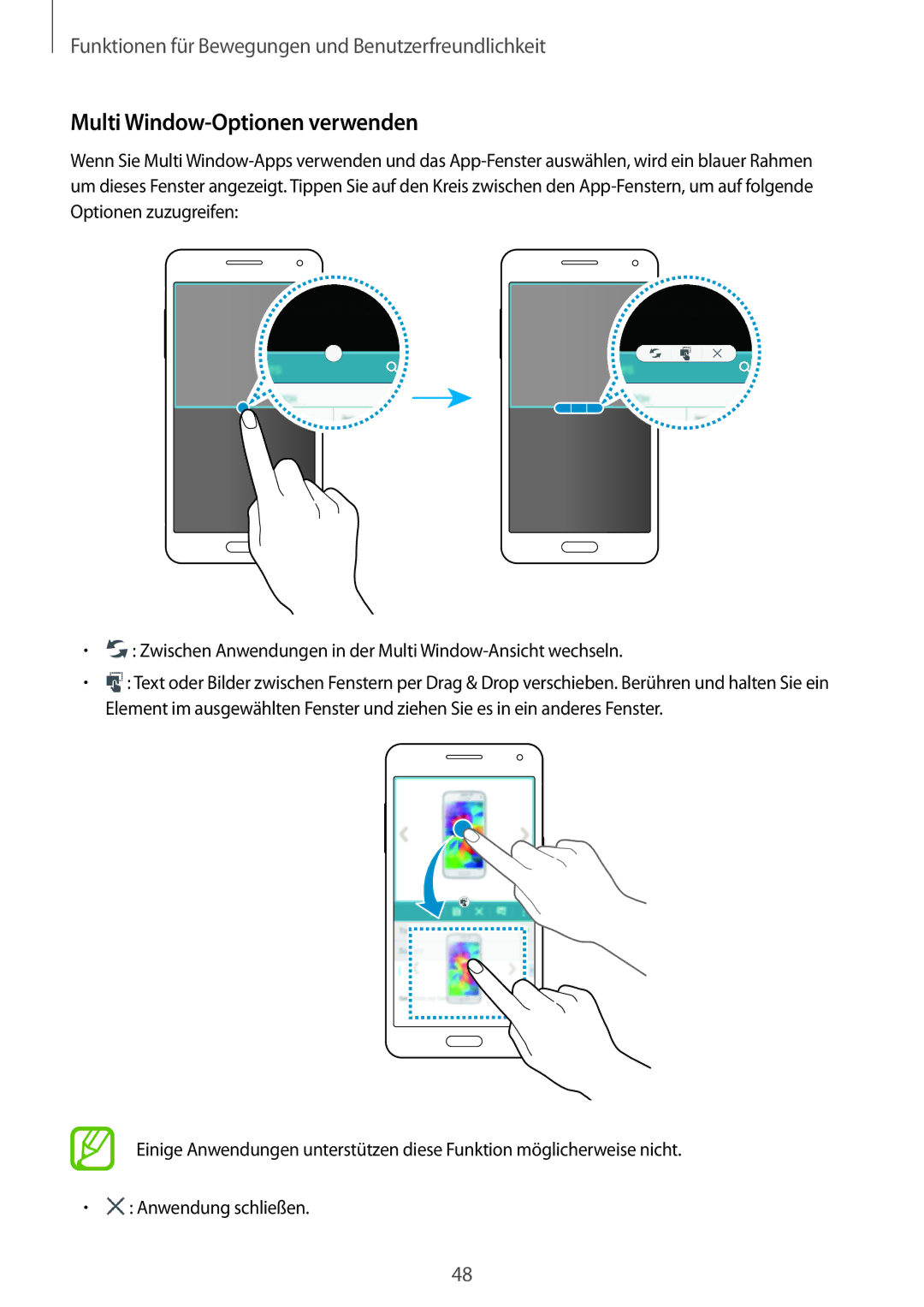 Samsung SM-A500FZWUVGR, SM-A500FZWUPRT, SM-A500FZWUDDE, SM-A500FZWUATO, SM-A500FZKUDPL manual Multi Window-Optionen verwenden 