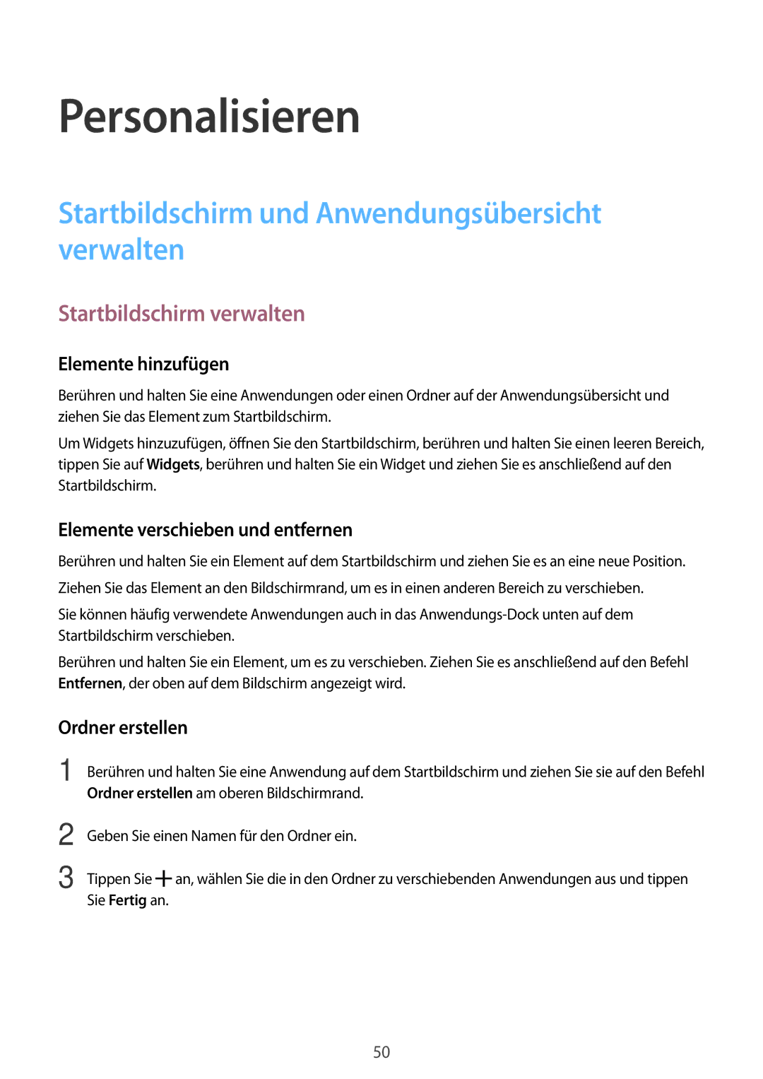 Samsung SM-A500FZWUCYO manual Personalisieren, Startbildschirm und Anwendungsübersicht verwalten, Startbildschirm verwalten 