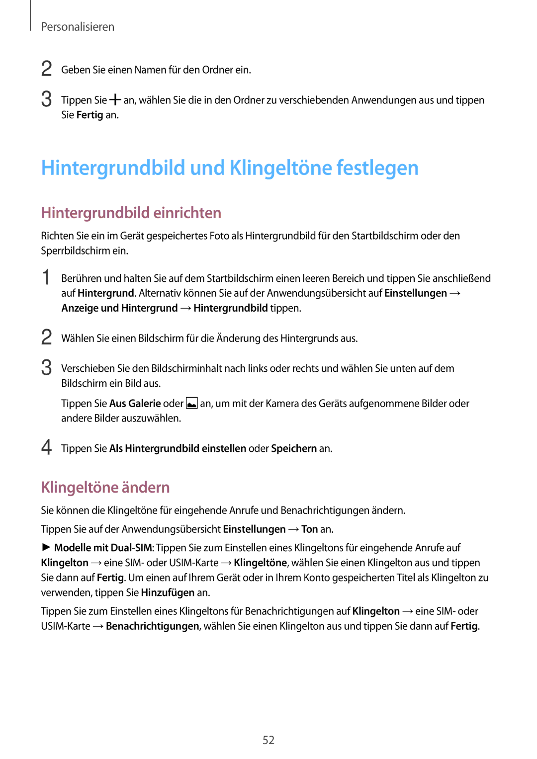 Samsung SM-A500FZKUDRE manual Hintergrundbild und Klingeltöne festlegen, Hintergrundbild einrichten, Klingeltöne ändern 