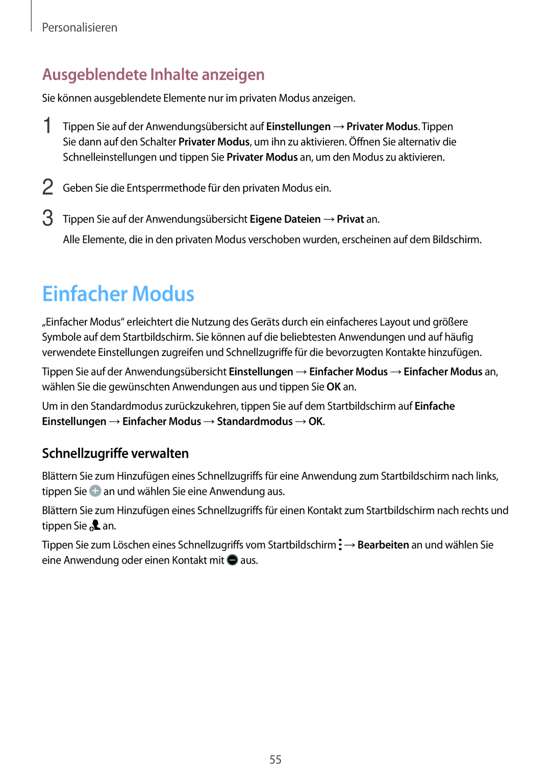 Samsung SM-A500FZWUXEF, SM-A500FZWUPRT manual Einfacher Modus, Ausgeblendete Inhalte anzeigen, Schnellzugriffe verwalten 