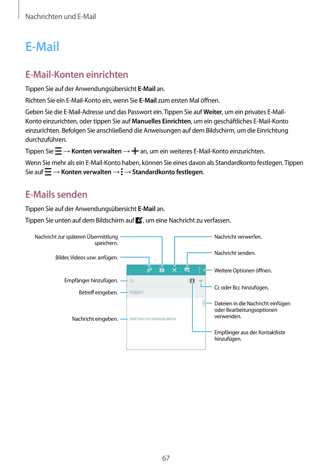 Samsung SM2A500FZDUVIA, SM-A500FZWUPRT, SM-A500FZWUDDE, SM-A500FZWUATO manual Mail-Konten einrichten, Mails senden 