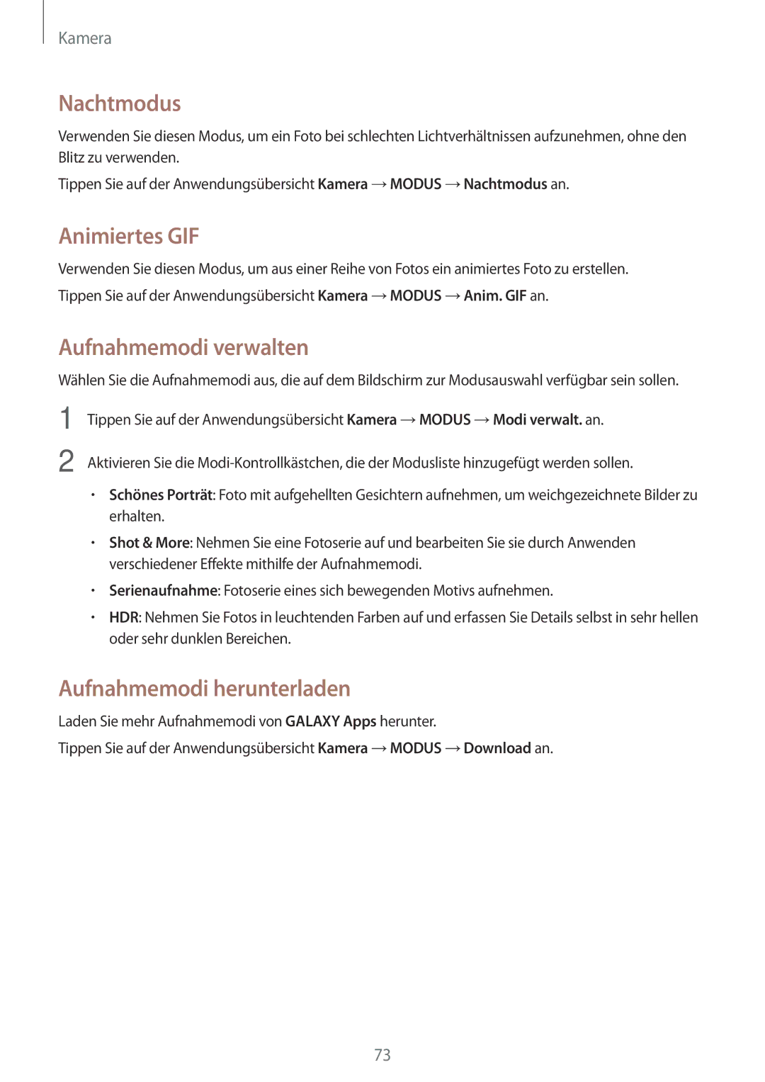 Samsung SM-A500FZWUMEO, SM-A500FZWUPRT manual Nachtmodus, Animiertes GIF, Aufnahmemodi verwalten, Aufnahmemodi herunterladen 