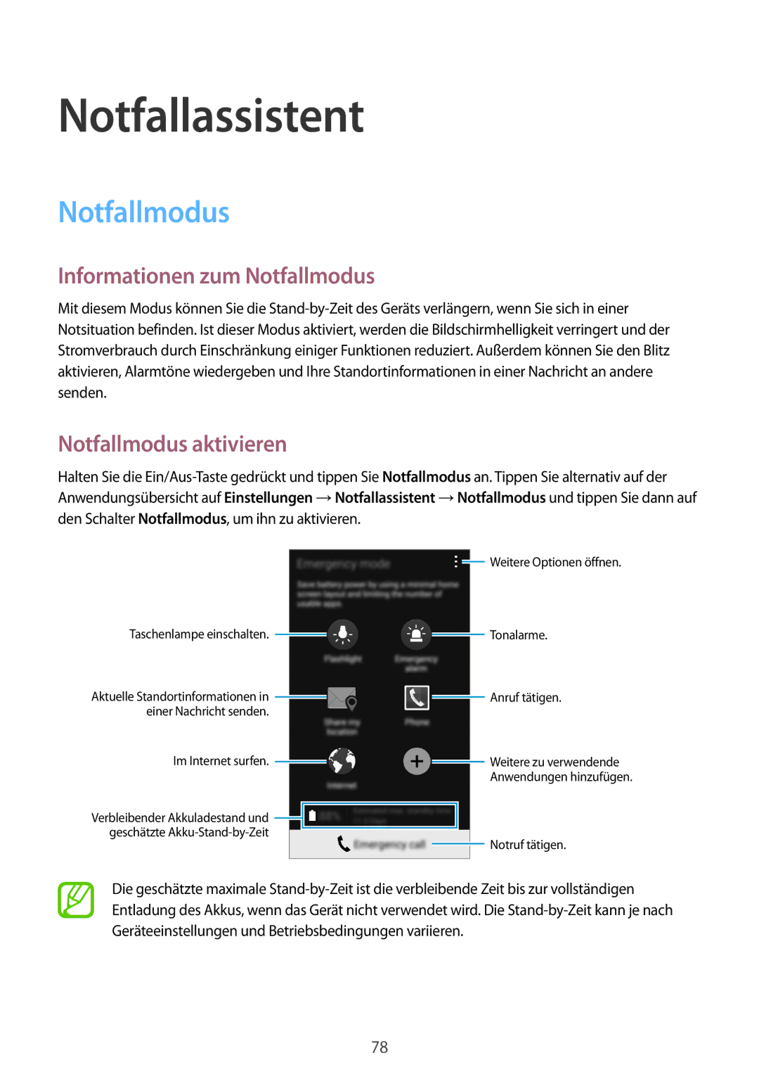 Samsung SM-A500FZKUVIA, SM-A500FZWUPRT manual Notfallassistent, Informationen zum Notfallmodus, Notfallmodus aktivieren 