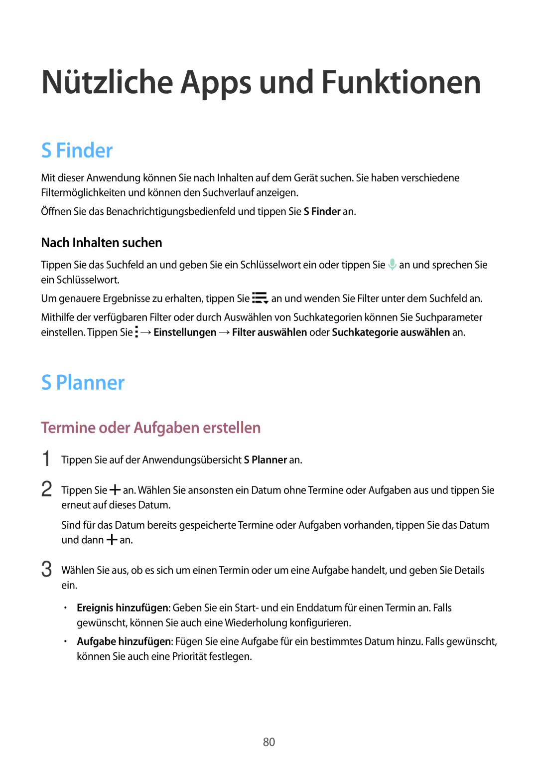 Samsung SM-A500FZKUPRT, SM-A500FZWUPRT manual Finder, Planner, Termine oder Aufgaben erstellen, Nach Inhalten suchen 