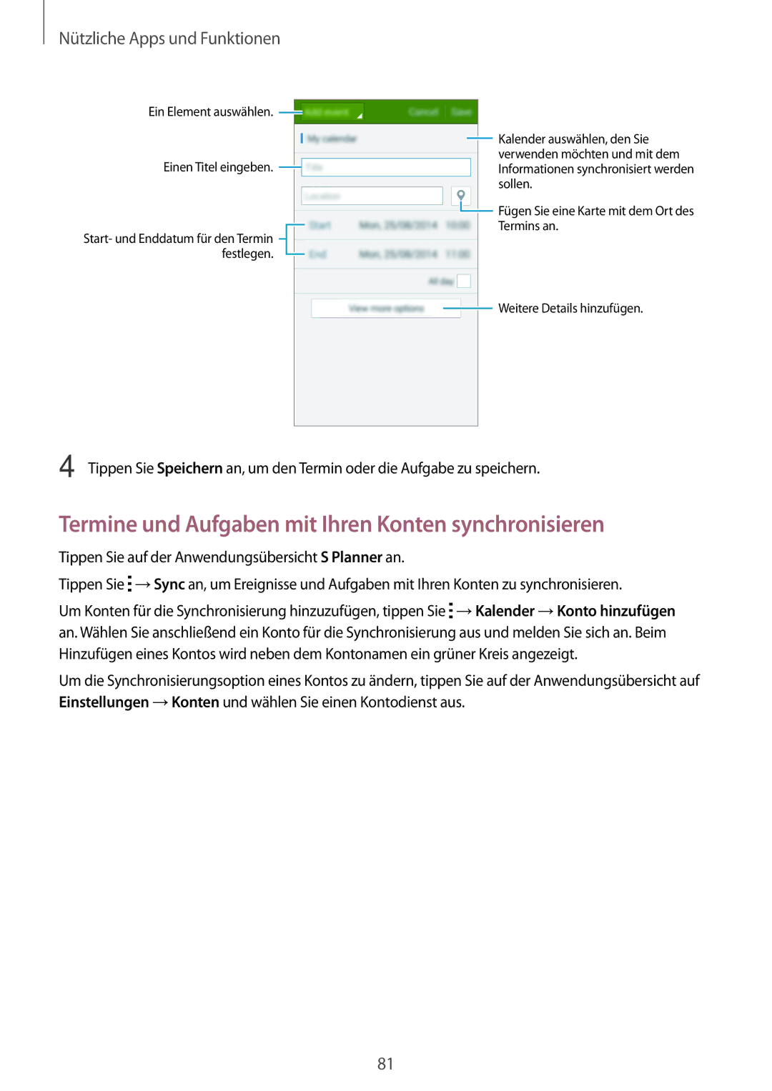 Samsung SM-A500FZKUMEO manual Termine und Aufgaben mit Ihren Konten synchronisieren, Nützliche Apps und Funktionen 