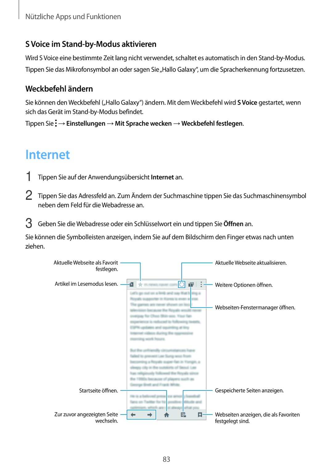 Samsung SM-A500FZDUXEO, SM-A500FZWUPRT, SM-A500FZWUDDE manual Internet, Voice im Stand-by-Modus aktivieren, Weckbefehl ändern 