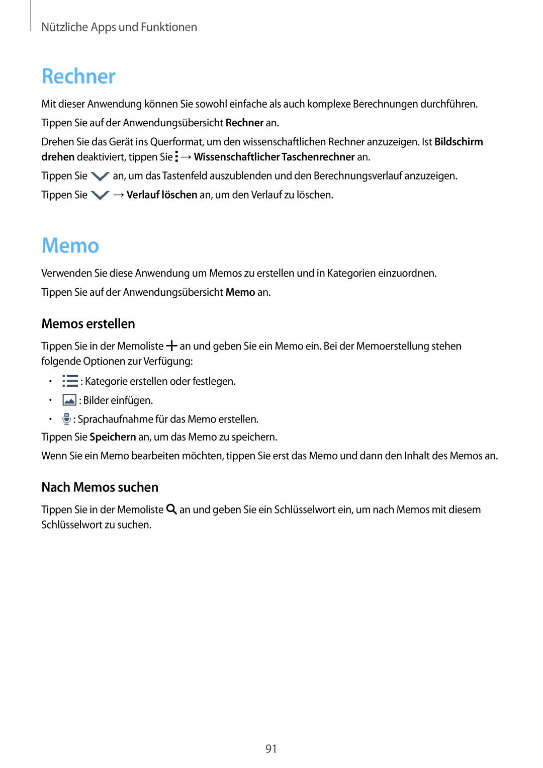 Samsung SM-A500FZDUVD2, SM-A500FZWUPRT, SM-A500FZWUDDE, SM-A500FZWUATO manual Rechner, Memos erstellen, Nach Memos suchen 