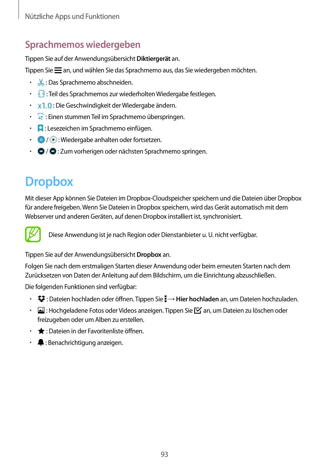 Samsung SM-A500FZDUATO, SM-A500FZWUPRT, SM-A500FZWUDDE, SM-A500FZWUATO, SM-A500FZKUDPL manual Dropbox, Sprachmemos wiedergeben 