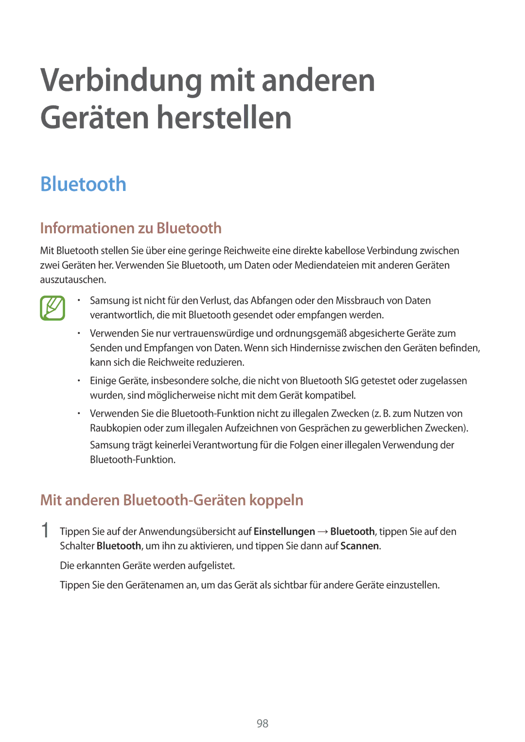 Samsung SM-A500FZWUIDE, SM-A500FZWUPRT manual Informationen zu Bluetooth, Mit anderen Bluetooth-Geräten koppeln 