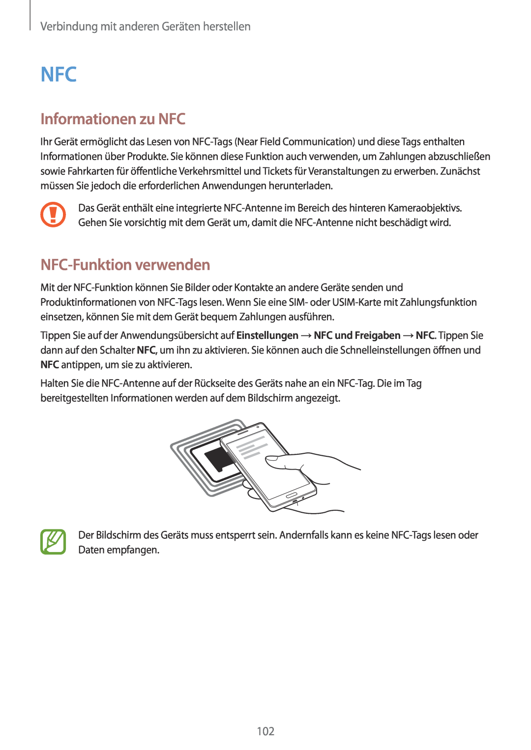 Samsung SM2A500FZWUVIA manual Informationen zu NFC, NFC-Funktion verwenden, Verbindung mit anderen Geräten herstellen 