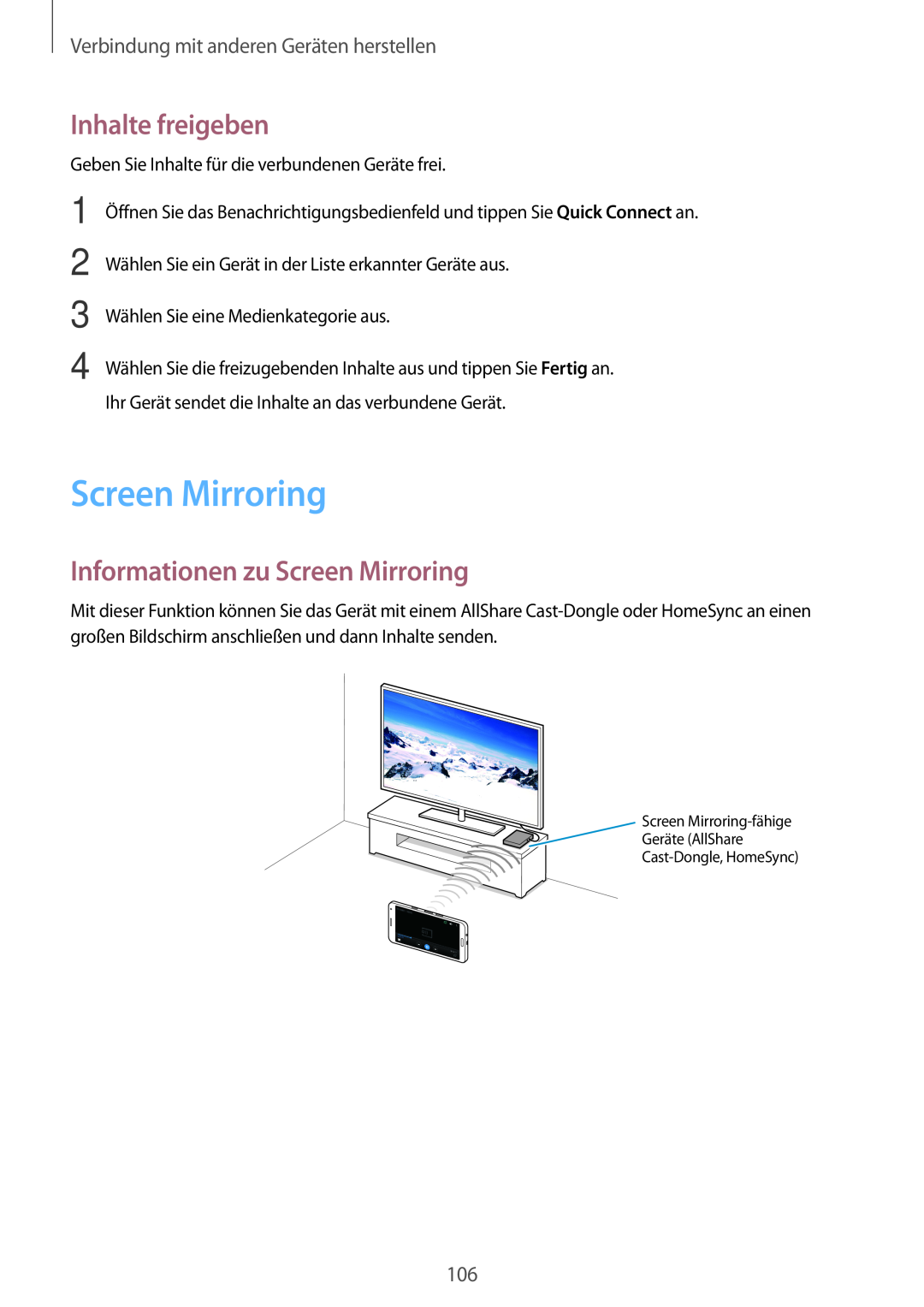 Samsung SM-A500FZKUTPH Inhalte freigeben, Informationen zu Screen Mirroring, Verbindung mit anderen Geräten herstellen 