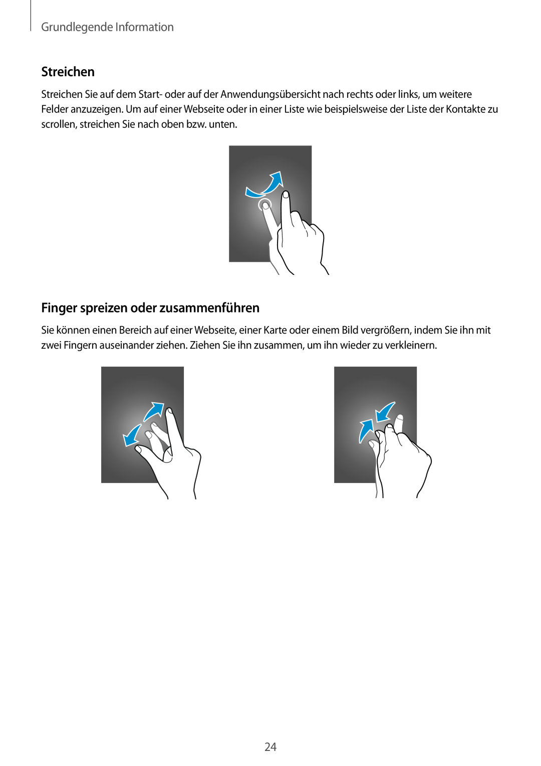 Samsung SM2A500FZKUDDE, SM-A500FZWUPRT manual Streichen, Finger spreizen oder zusammenführen, Grundlegende Information 