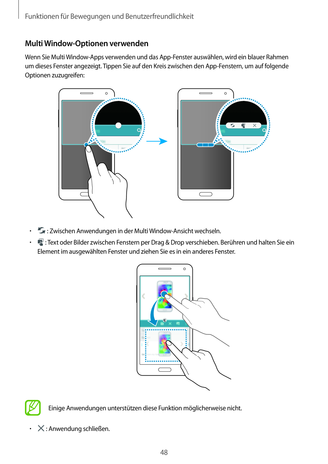Samsung SM-A500FZWUVGR manual Multi Window-Optionen verwenden, Funktionen für Bewegungen und Benutzerfreundlichkeit 