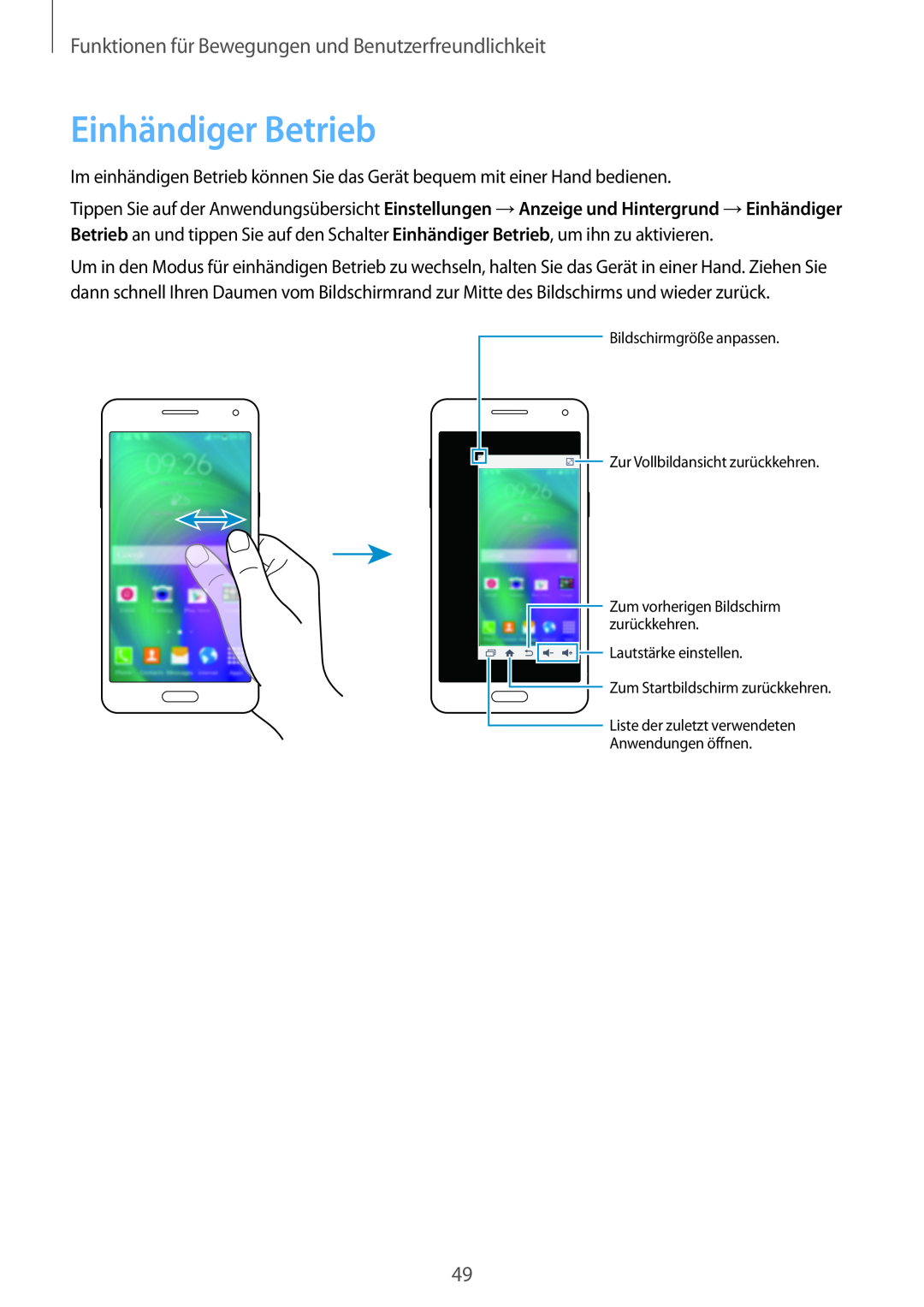 Samsung SM-A500FZWUEUR manual Einhändiger Betrieb, Funktionen für Bewegungen und Benutzerfreundlichkeit, Anwendungen öffnen 
