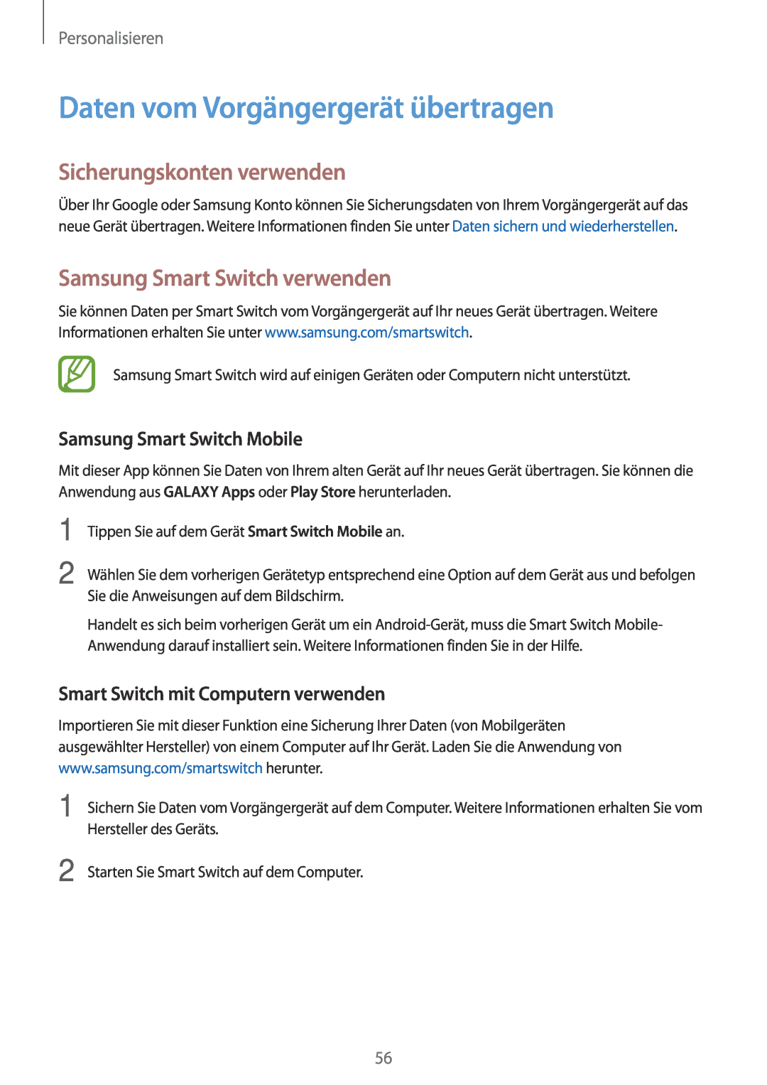 Samsung SM-A500FZKUSFR Daten vom Vorgängergerät übertragen, Sicherungskonten verwenden, Samsung Smart Switch verwenden 