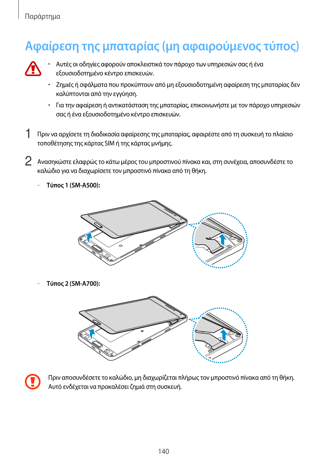 Samsung SM-A500FZWUVGR manual Αφαίρεση της μπαταρίας μη αφαιρούμενος τύπος, Τύπος 1 SM-A500 Τύπος 2 SM-A700 