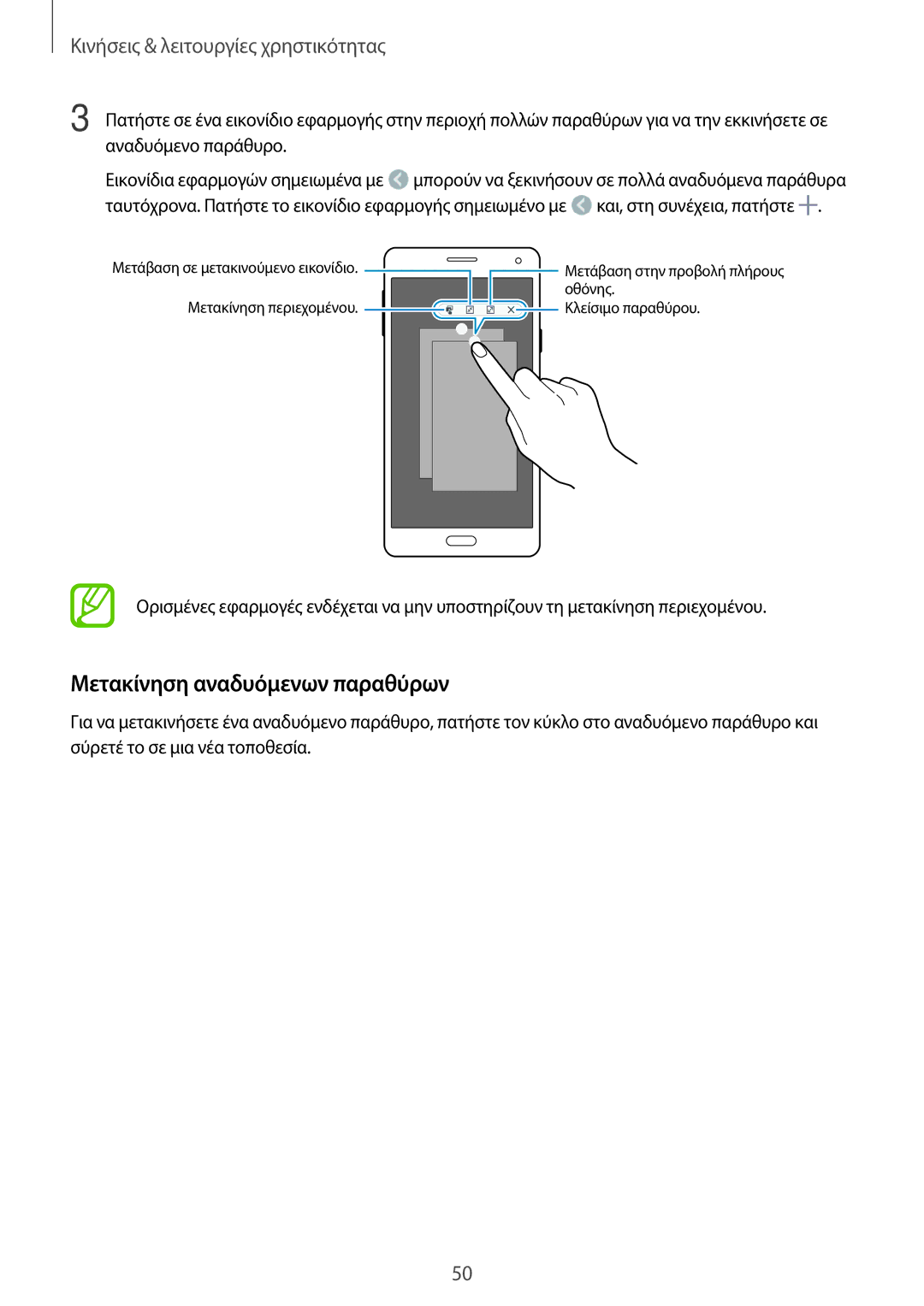 Samsung SM-A500FZWUVGR manual Μετακίνηση αναδυόμενων παραθύρων 