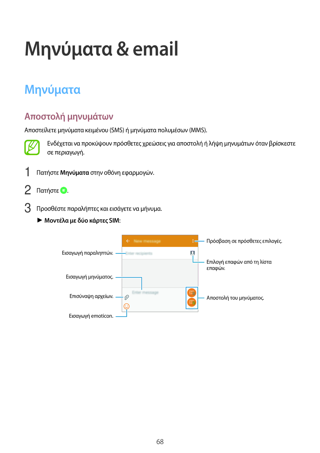 Samsung SM-A500FZWUVGR manual Μηνύματα & email, Αποστολή μηνυμάτων, Μοντέλα με δύο κάρτες SIM 