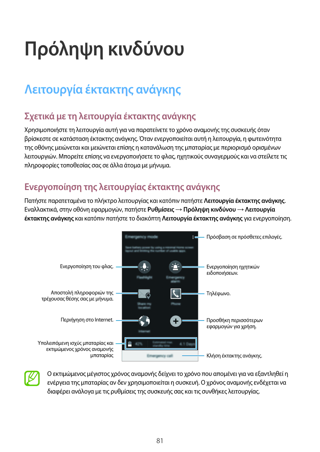 Samsung SM-A500FZWUVGR manual Πρόληψη κινδύνου, Λειτουργία έκτακτης ανάγκης, Σχετικά με τη λειτουργία έκτακτης ανάγκης 