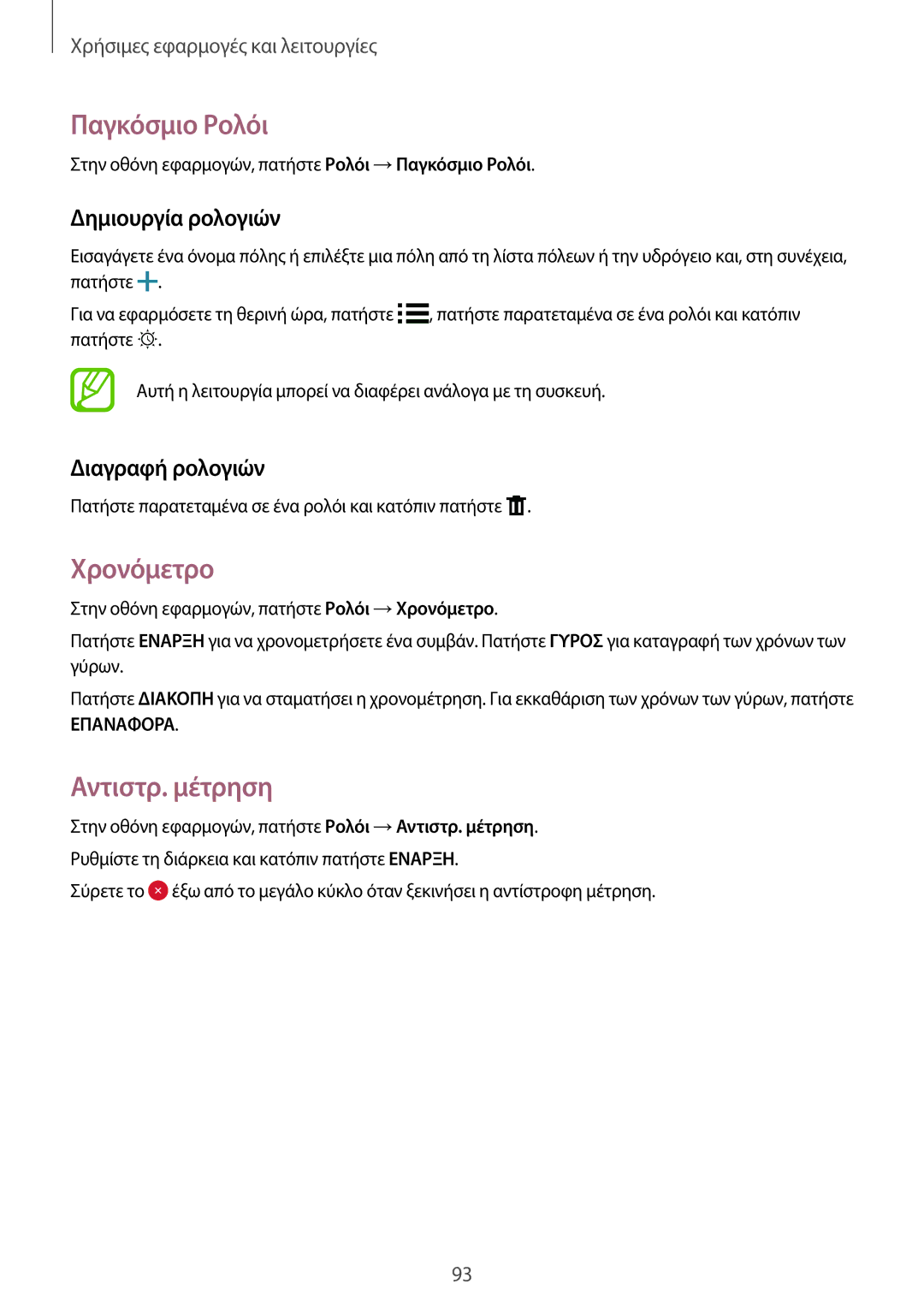 Samsung SM-A500FZWUVGR manual Παγκόσμιο Ρολόι, Χρονόμετρο, Αντιστρ. μέτρηση, Δημιουργία ρολογιών, Διαγραφή ρολογιών 