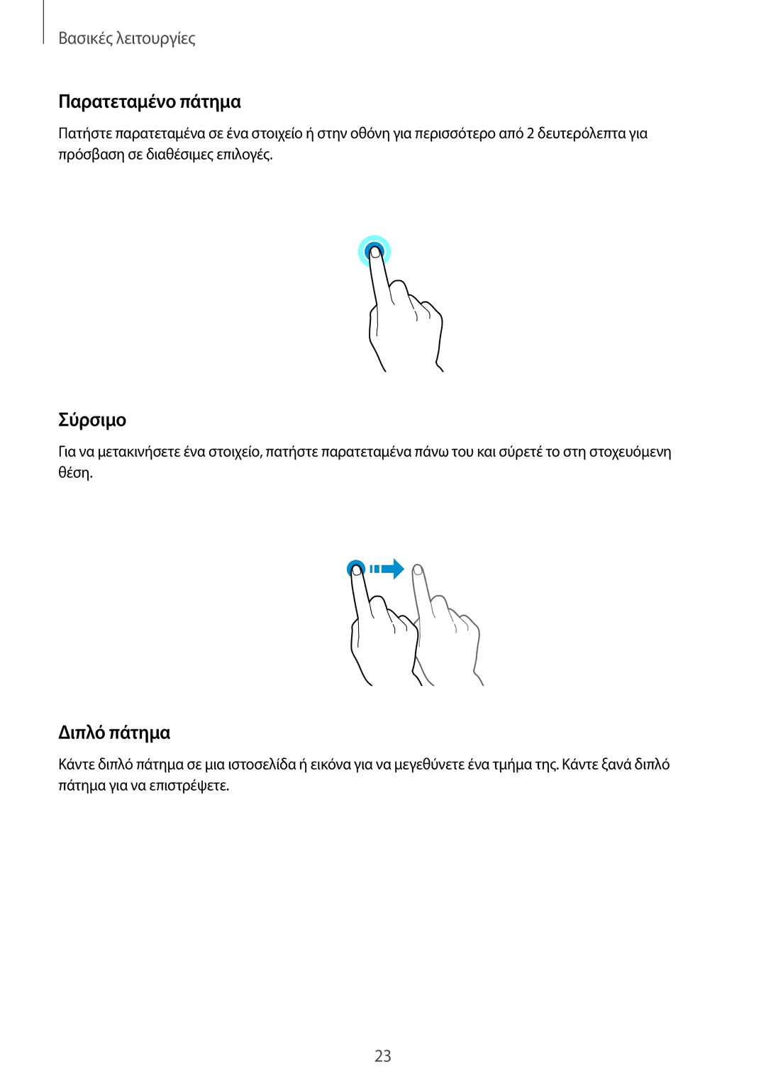 Samsung SM-A500FZWUVGR manual Παρατεταμένο πάτημα, Σύρσιμο, Διπλό πάτημα 