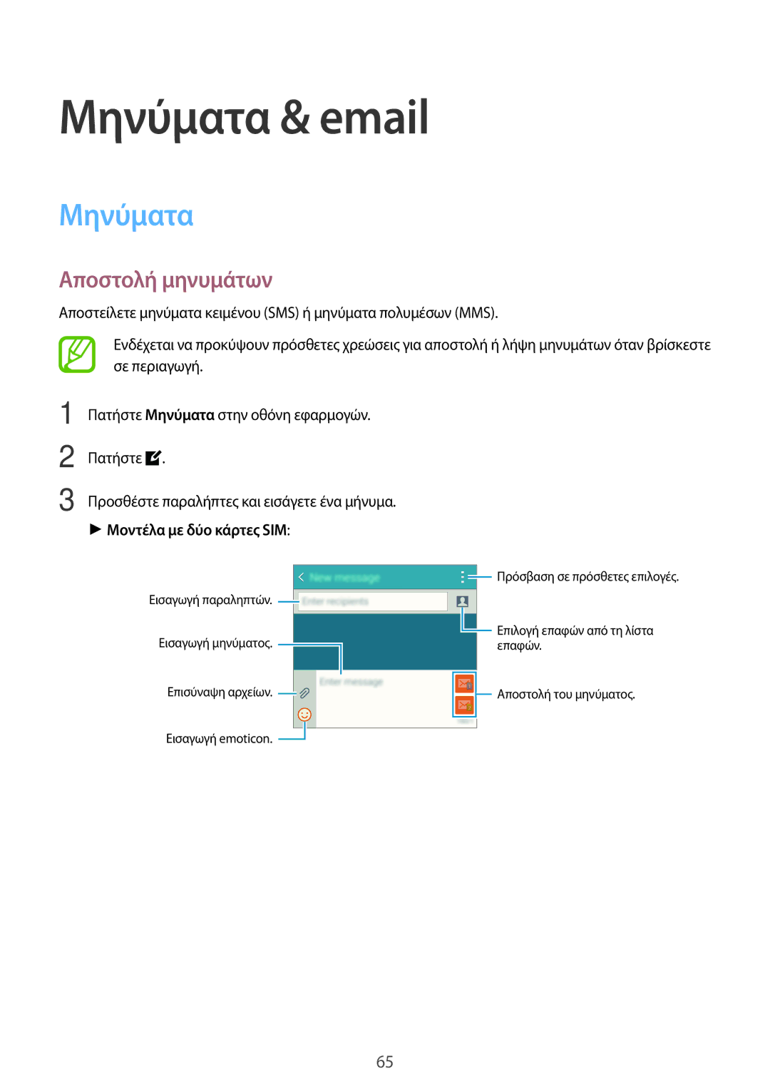 Samsung SM-A500FZWUVGR manual Μηνύματα & email, Αποστολή μηνυμάτων, Μοντέλα με δύο κάρτες SIM 