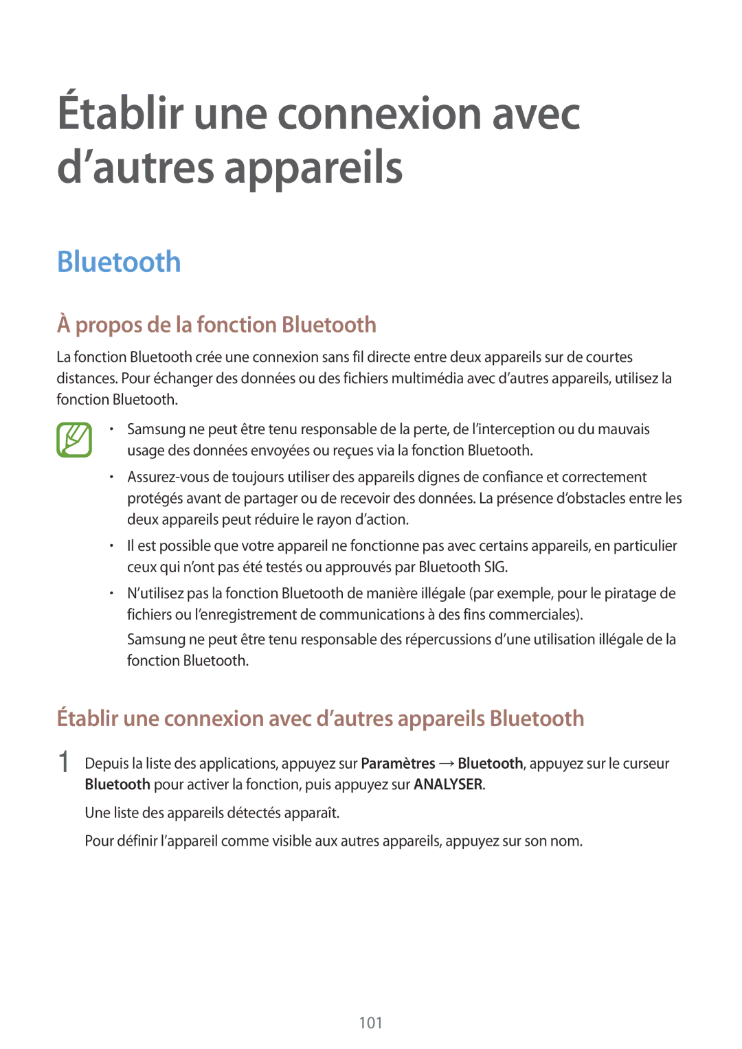 Samsung SM-A500FZKUSFR manual Propos de la fonction Bluetooth, Établir une connexion avec d’autres appareils Bluetooth 