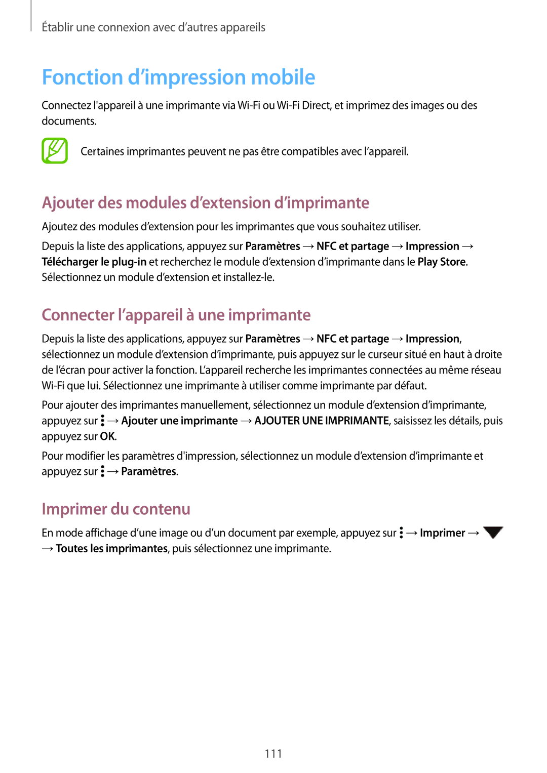 Samsung SM-A500FZKUBOG Fonction d’impression mobile, Ajouter des modules d’extension d’imprimante, Imprimer du contenu 