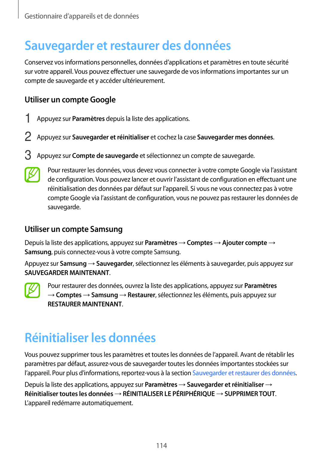 Samsung SM-A500FZWUBOG manual Sauvegarder et restaurer des données, Réinitialiser les données, Utiliser un compte Google 