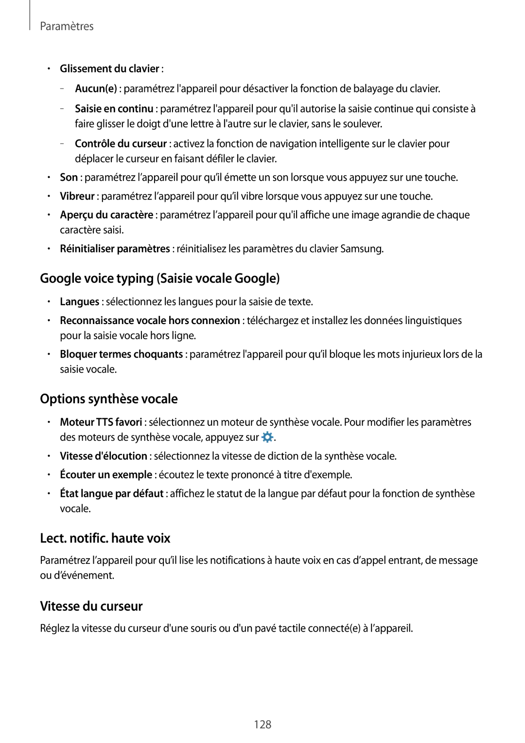 Samsung SM-A500FZKUSFR manual Google voice typing Saisie vocale Google, Options synthèse vocale, Lect. notific. haute voix 