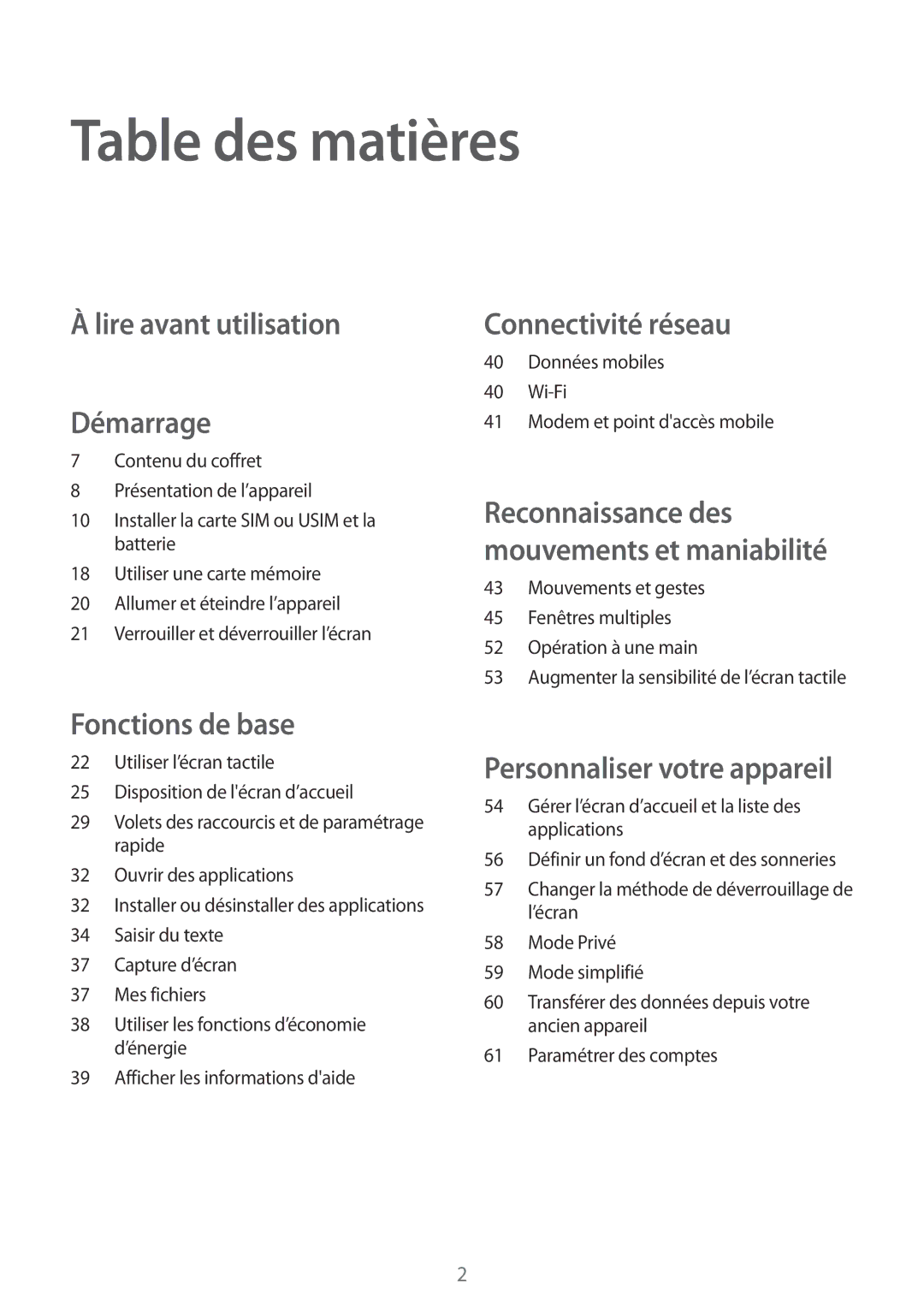 Samsung SM-A500FZKUSFR, SM-A500FZWUXEF, SM-A500FZKUFTM, SM-A500FZKUBOG Table des matières, Lire avant utilisation Démarrage 