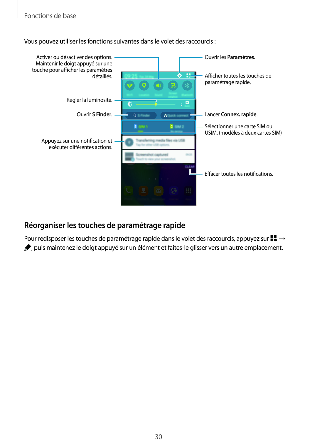 Samsung SM-A500FZKUBOG, SM-A500FZWUXEF, SM-A500FZKUFTM Réorganiser les touches de paramétrage rapide, Lancer Connex. rapide 