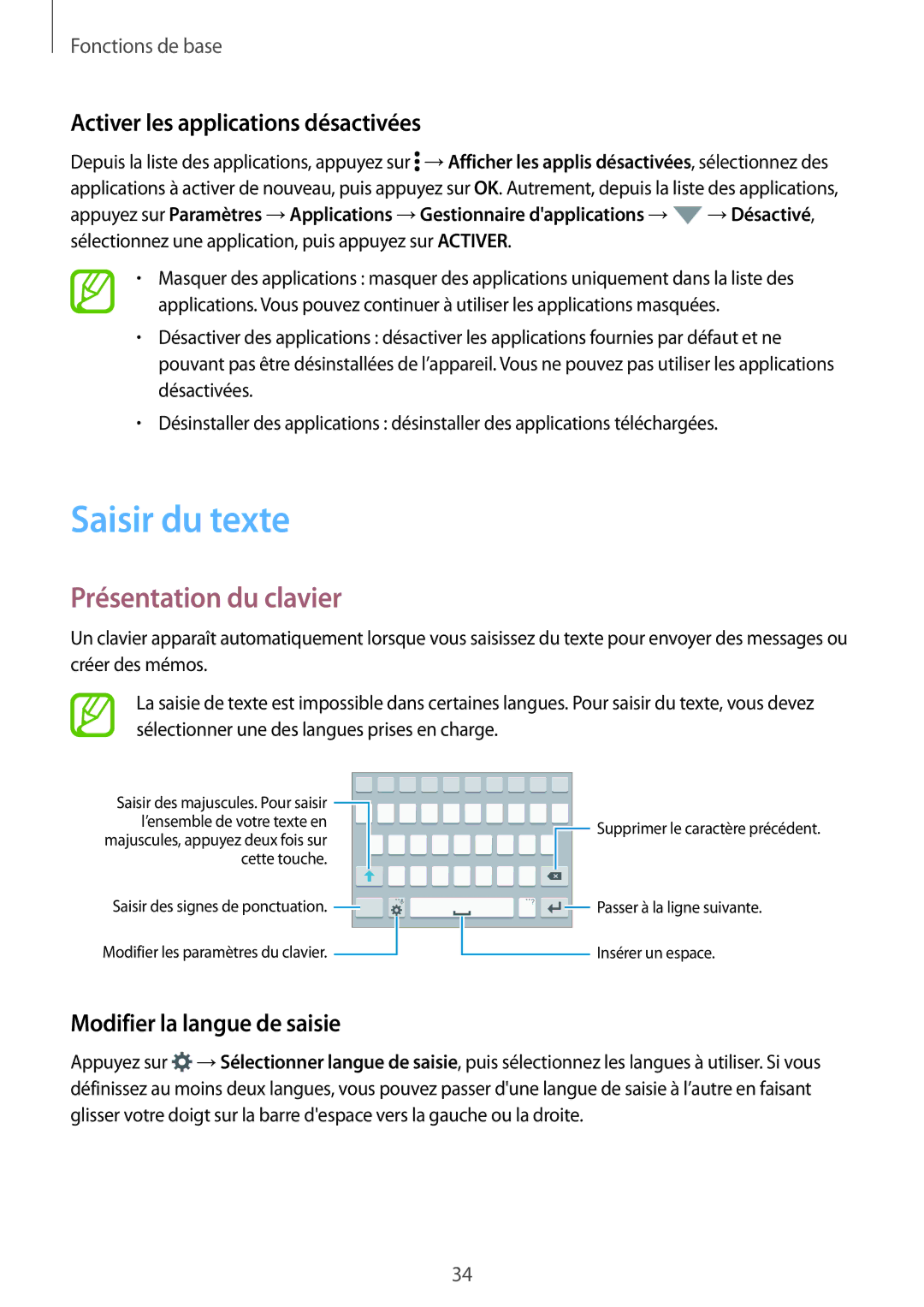 Samsung SM-A500FZKUXEF, SM-A500FZWUXEF manual Saisir du texte, Présentation du clavier, Activer les applications désactivées 