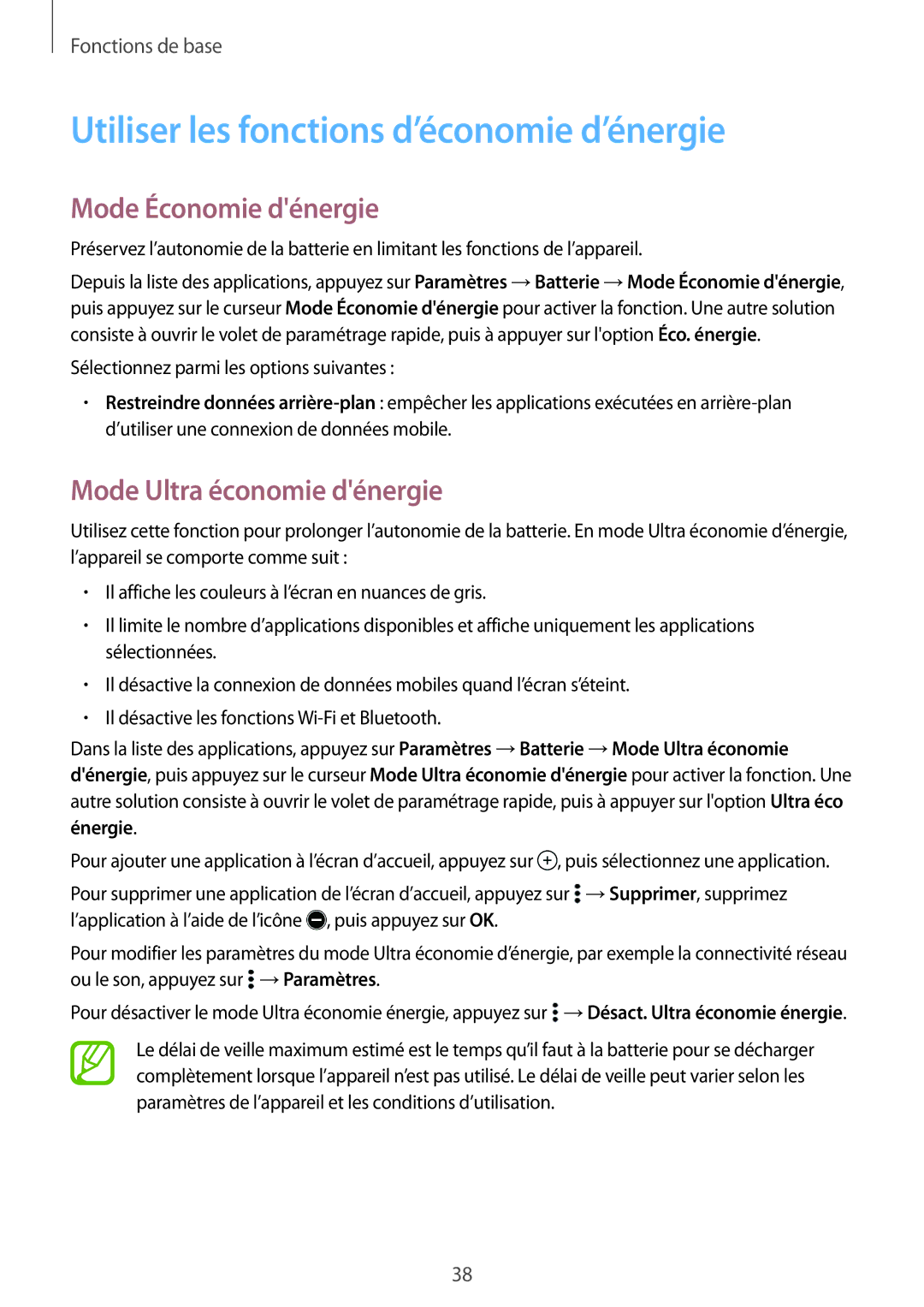 Samsung SM-A500FZKUSFR Utiliser les fonctions d’économie d’énergie, Mode Économie dénergie, Mode Ultra économie dénergie 