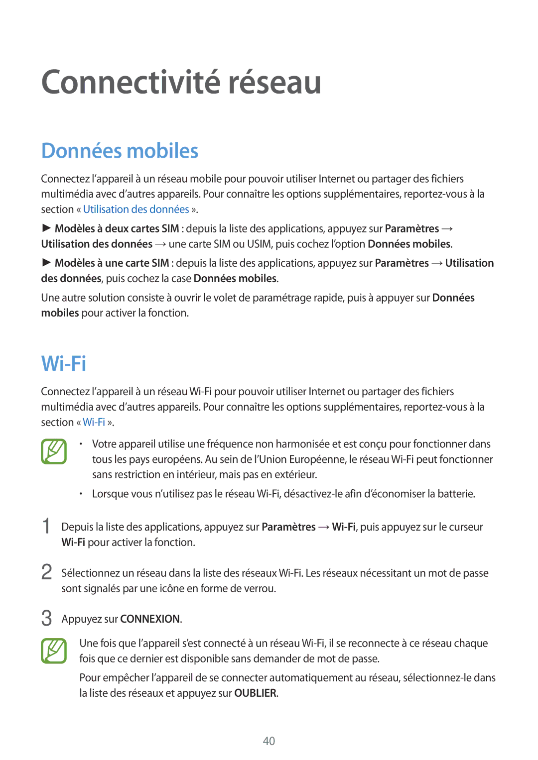 Samsung SM-A500FZWUSFR, SM-A500FZWUXEF, SM-A500FZKUFTM, SM-A500FZKUSFR manual Connectivité réseau, Données mobiles, Wi-Fi 