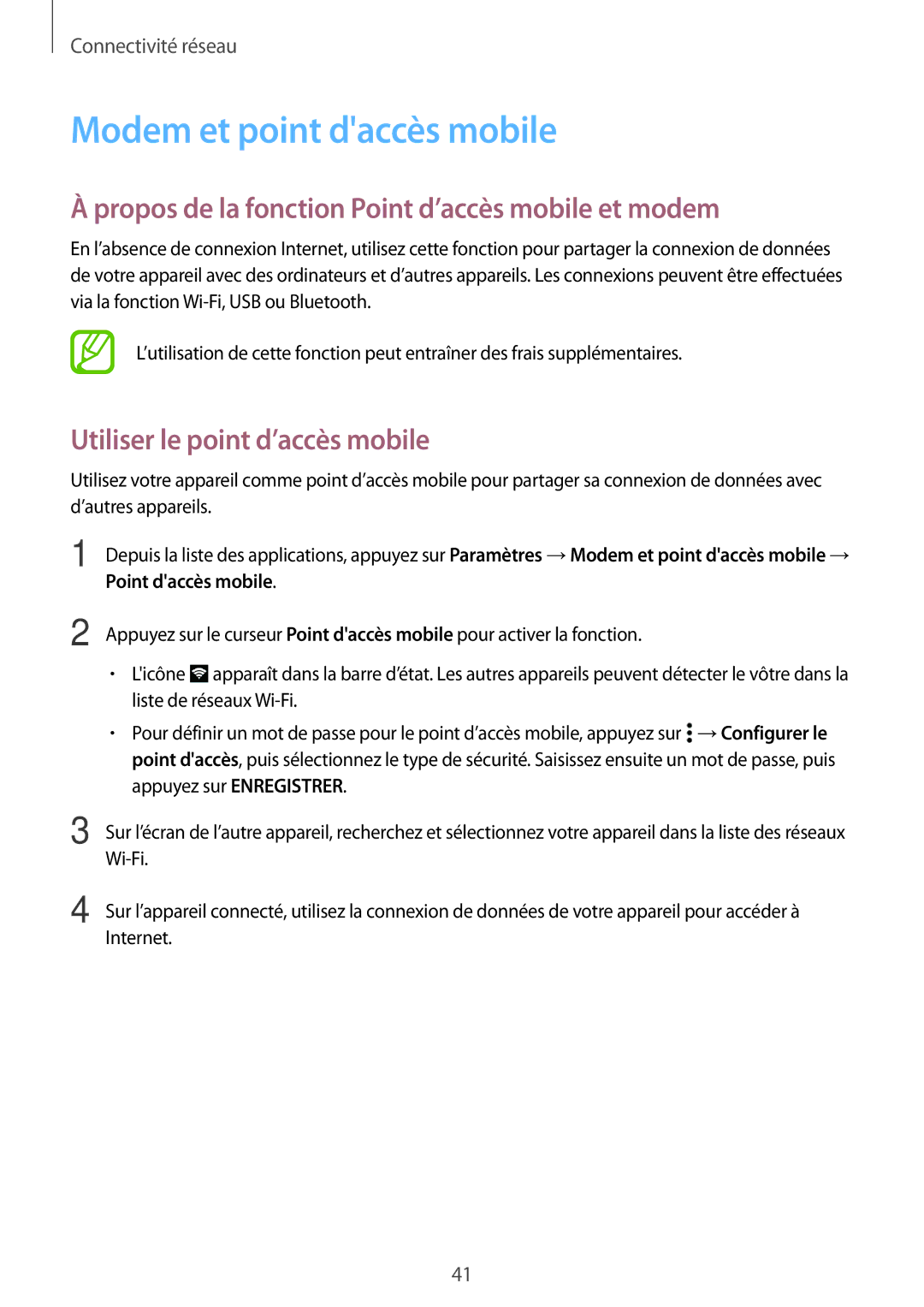 Samsung SM-A500FZDUFTM, SM-A500FZWUXEF Modem et point daccès mobile, Propos de la fonction Point d’accès mobile et modem 