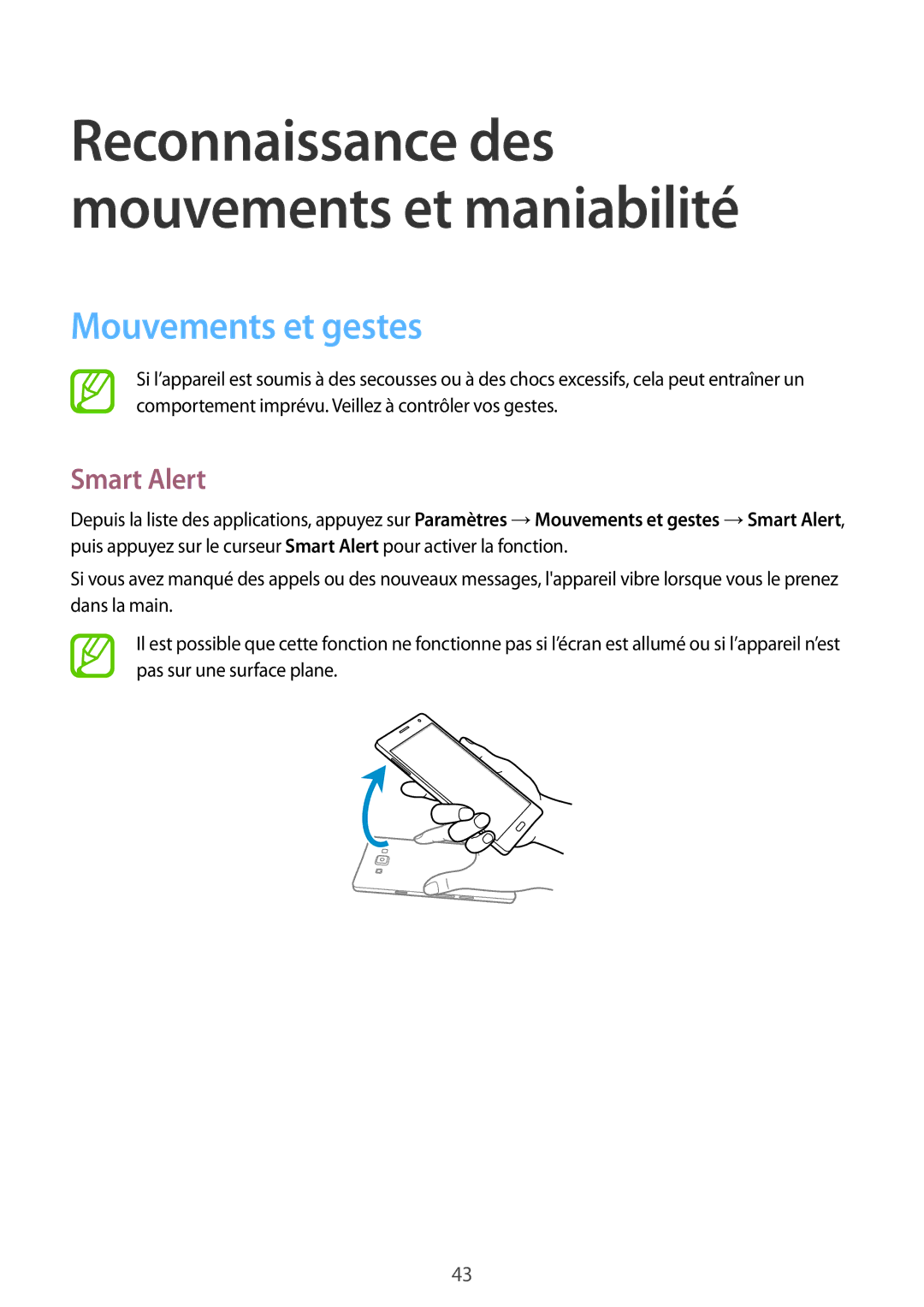 Samsung SM-A500FZKUXEF, SM-A500FZWUXEF, SM-A500FZKUFTM, SM-A500FZKUSFR, SM-A500FZKUBOG manual Mouvements et gestes, Smart Alert 