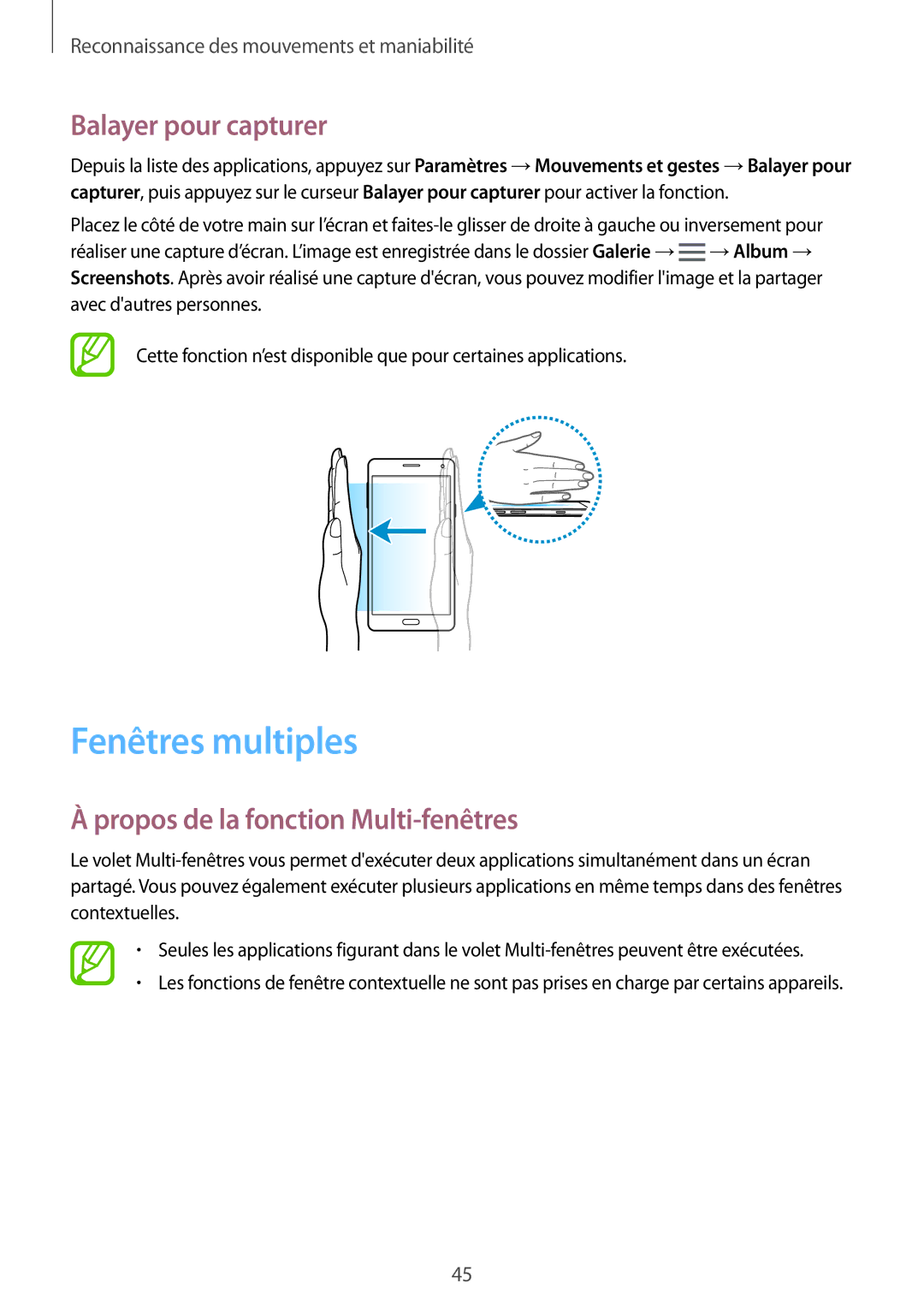 Samsung SM-A500FZWUXEF, SM-A500FZKUFTM Fenêtres multiples, Balayer pour capturer, Propos de la fonction Multi-fenêtres 