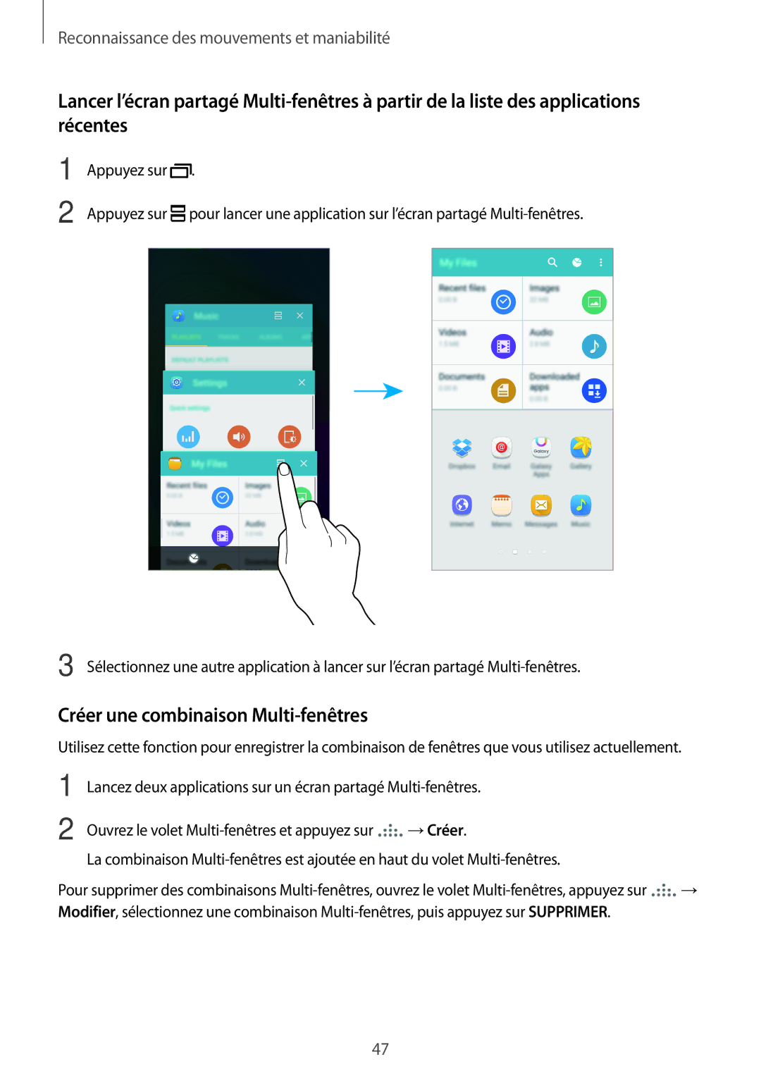Samsung SM-A500FZKUSFR, SM-A500FZWUXEF, SM-A500FZKUFTM, SM-A500FZKUBOG manual Créer une combinaison Multi-fenêtres, →Créer 