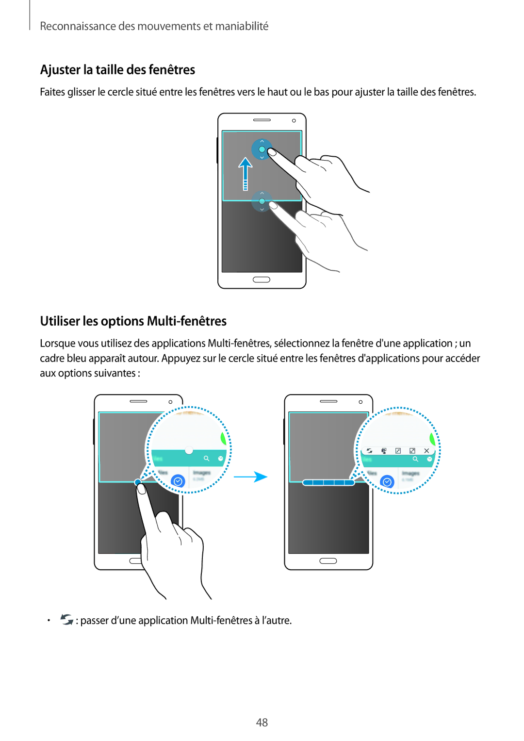 Samsung SM-A500FZKUBOG, SM-A500FZWUXEF, SM-A500FZKUFTM Ajuster la taille des fenêtres, Utiliser les options Multi-fenêtres 