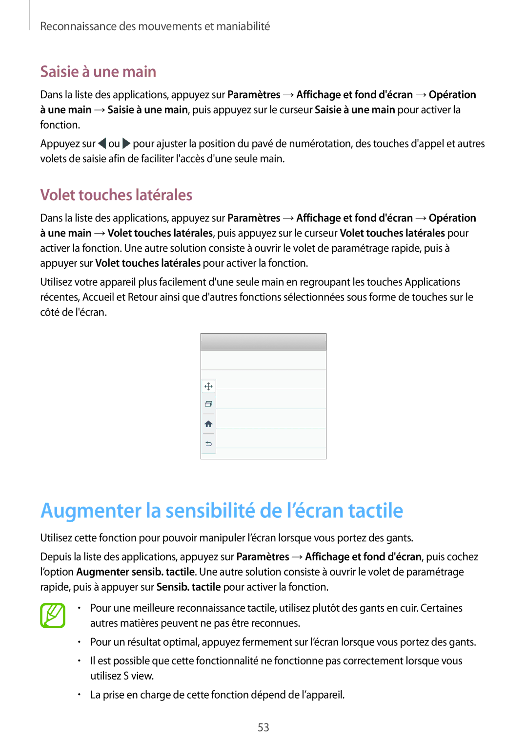 Samsung SM-A500FZDUXEF manual Augmenter la sensibilité de l’écran tactile, Saisie à une main, Volet touches latérales 