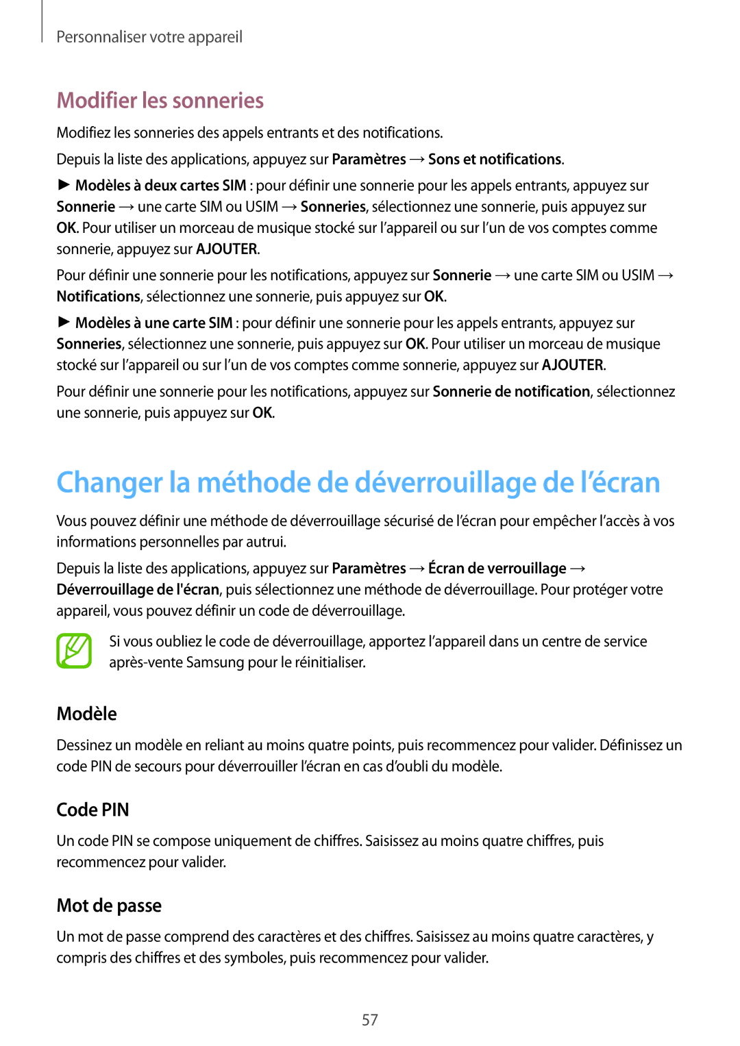 Samsung SM-A500FZKUBOG, SM-A500FZWUXEF, SM-A500FZKUFTM manual Modifier les sonneries, Modèle, Code PIN, Mot de passe 