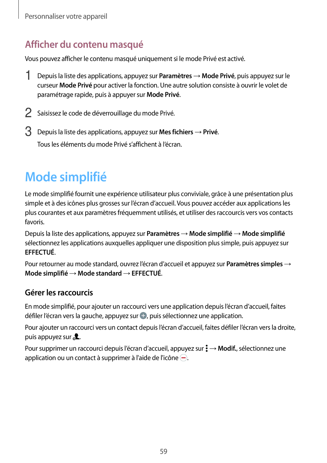 Samsung SM-A500FZDUFTM, SM-A500FZWUXEF, SM-A500FZKUFTM Mode simplifié, Afficher du contenu masqué, Gérer les raccourcis 