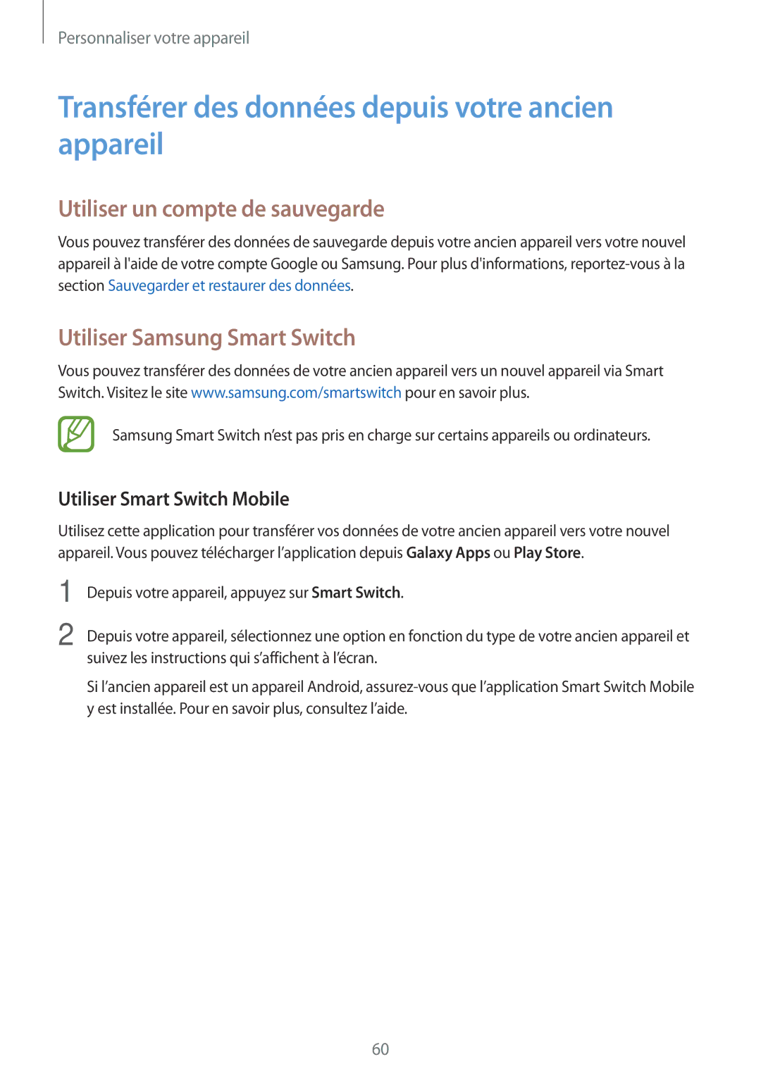 Samsung SM-A500FZWUBOG manual Transférer des données depuis votre ancien appareil, Utiliser un compte de sauvegarde 